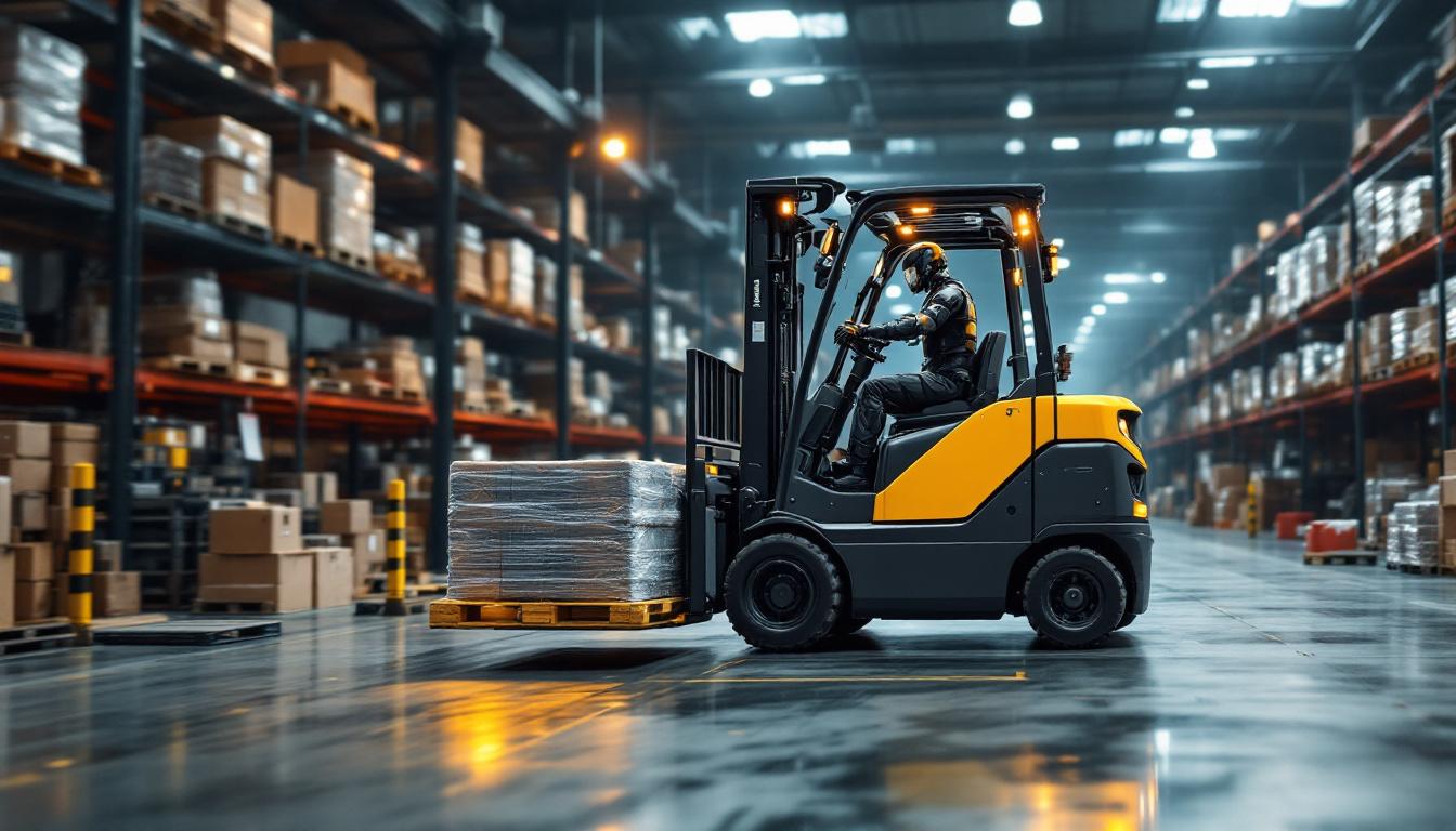 A photograph of a modern forklift in action within an industrial setting