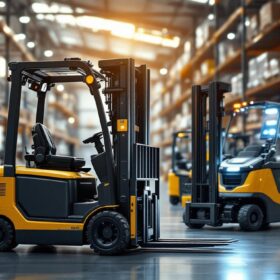 A photograph of a modern industrial setting showcasing various lift trucks in action