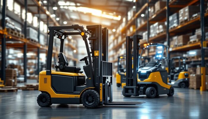 A photograph of a modern industrial setting showcasing various lift trucks in action