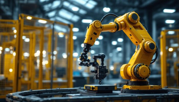 A photograph of a sleek industrial robotic arm in action
