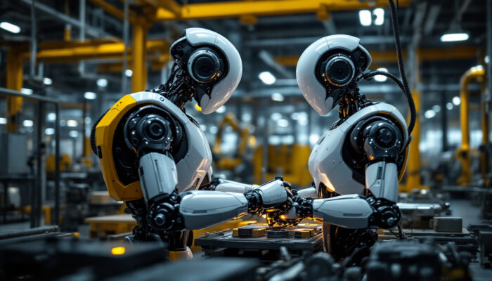 A photograph of a sleek industrial robot in action within a modern manufacturing environment