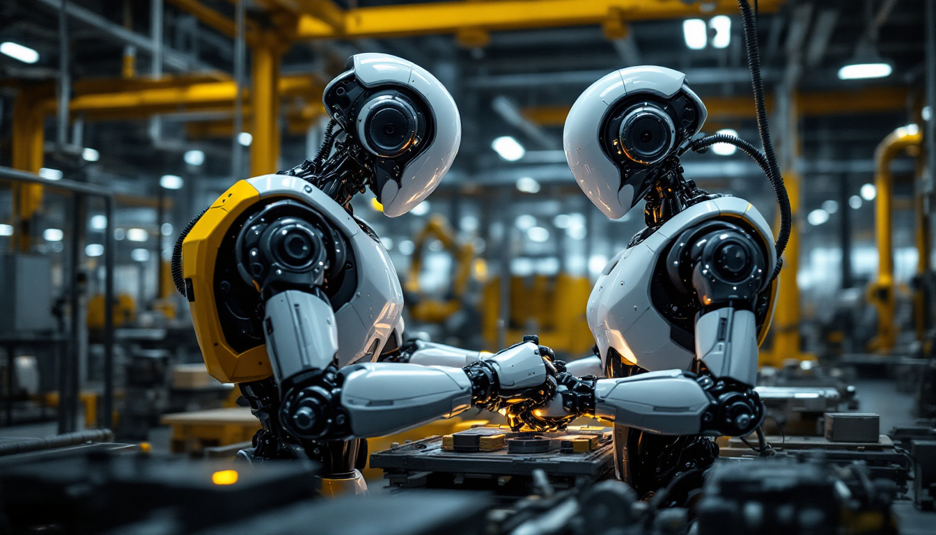 A photograph of a sleek industrial robot in action within a modern manufacturing environment