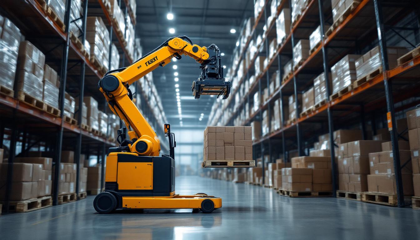 A photograph of a reach truck in action within an industrial warehouse setting