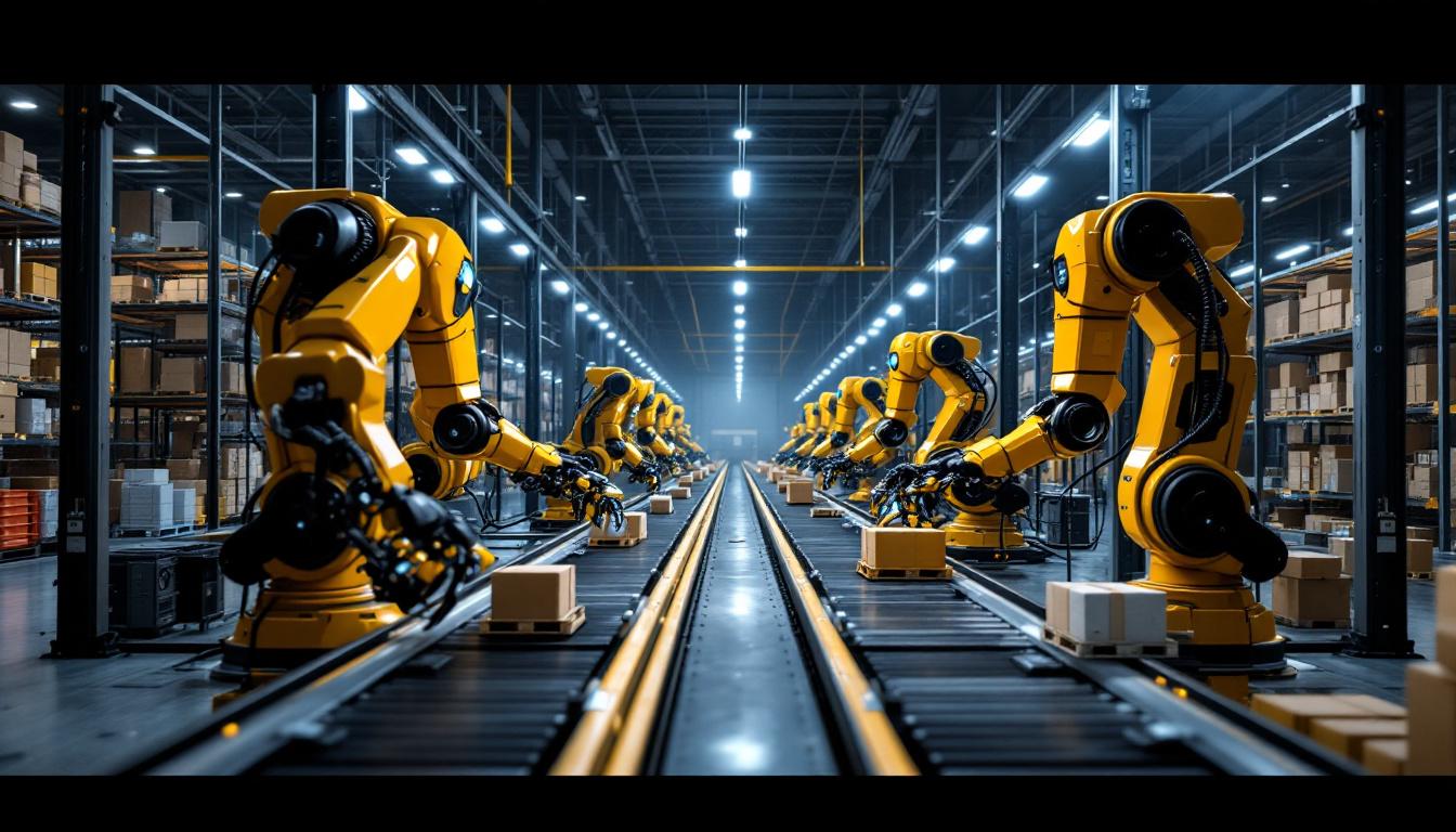 A photograph of a bustling automated warehouse scene