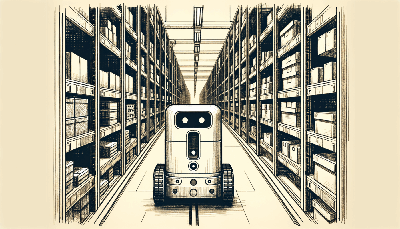 A compact autonomous mobile robot navigating through a narrow factory aisle