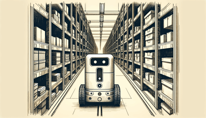 A compact autonomous mobile robot navigating through a narrow factory aisle