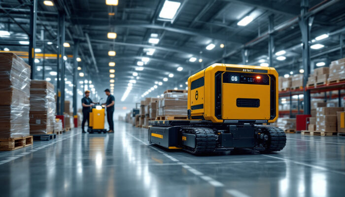 A photograph of a robotic pallet mover in action within an industrial warehouse setting