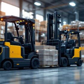 A photograph of a modern industrial robotic forklift in action within a warehouse setting