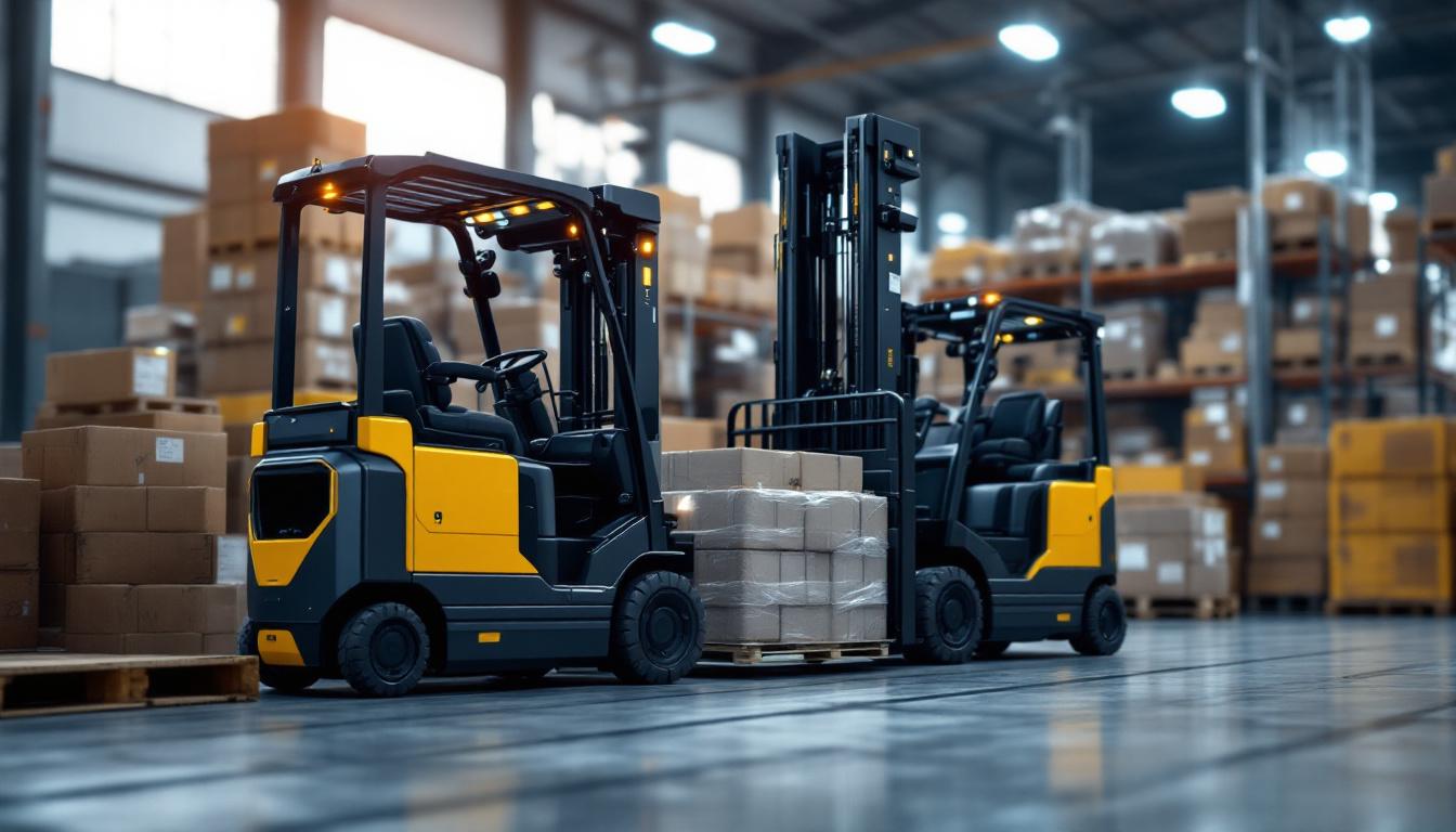 A photograph of a modern industrial robotic forklift in action within a warehouse setting