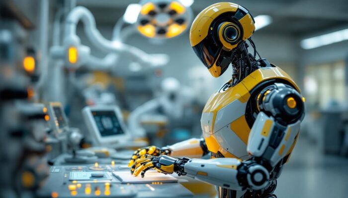 A photograph of a sleek industrial robot interacting with medical equipment in a modern healthcare setting