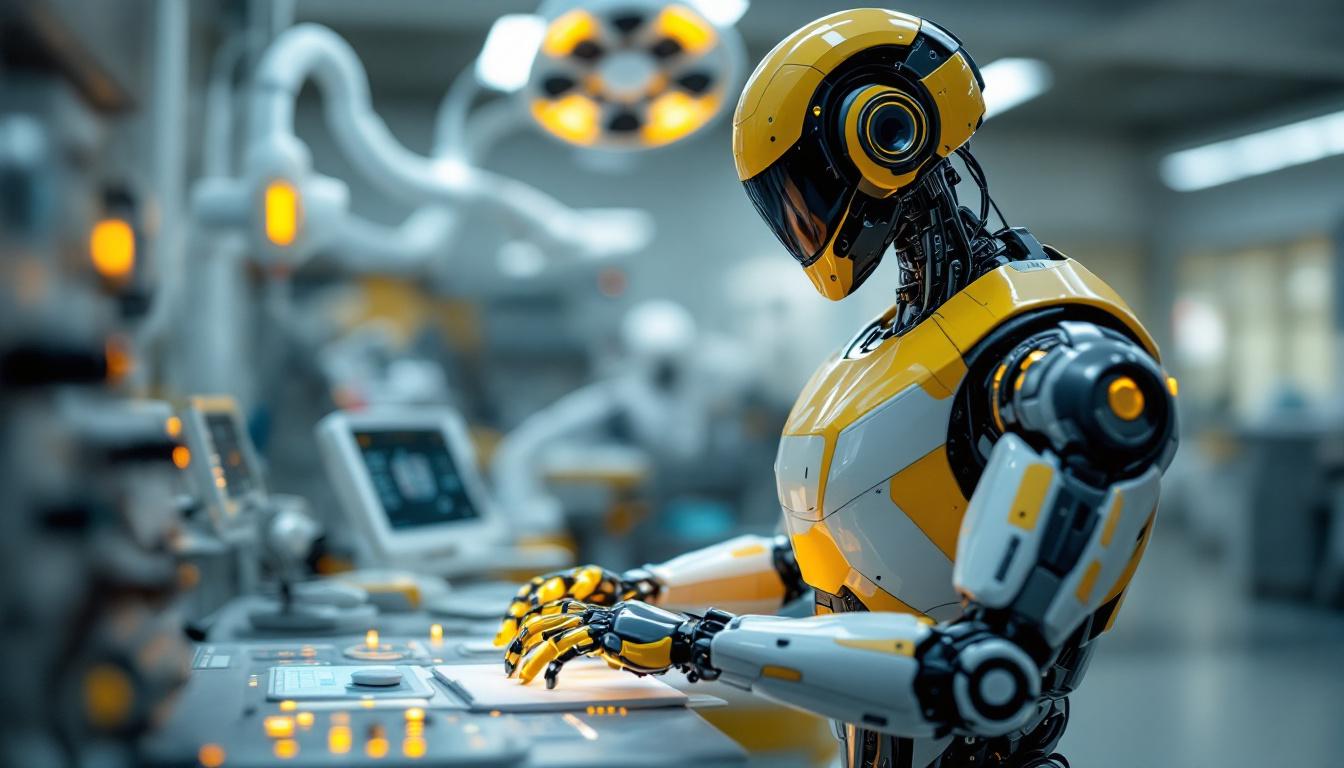A photograph of a sleek industrial robot interacting with medical equipment in a modern healthcare setting