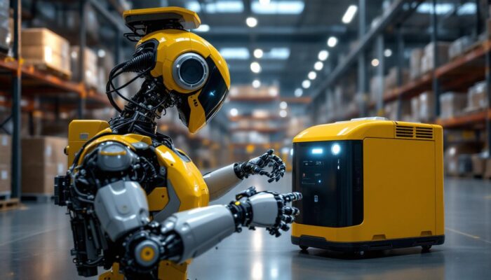 A photograph of a modern industrial robot interacting with an agv (automated guided vehicle) in a warehouse setting