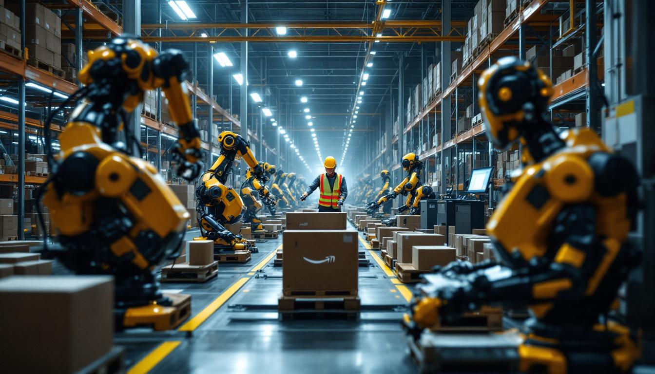 A photograph of a bustling amazon automated warehouse