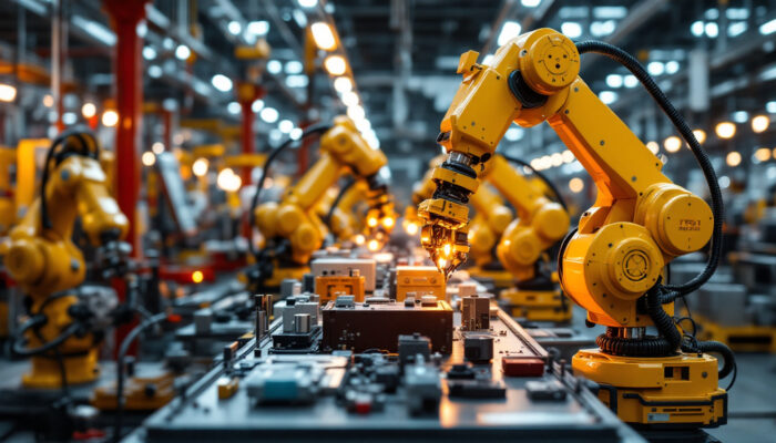 A photograph of a busy assembly line featuring industrial robots in action