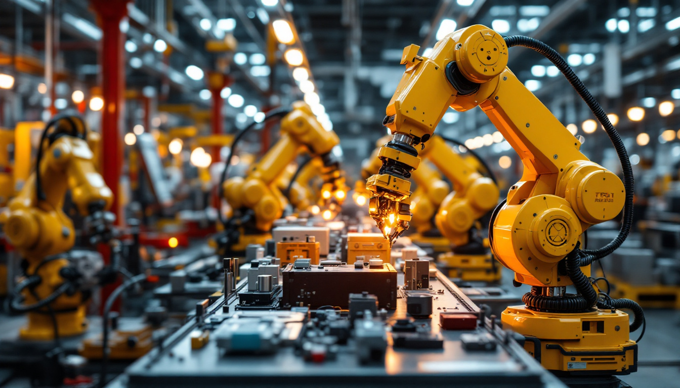 A photograph of a busy assembly line featuring industrial robots in action