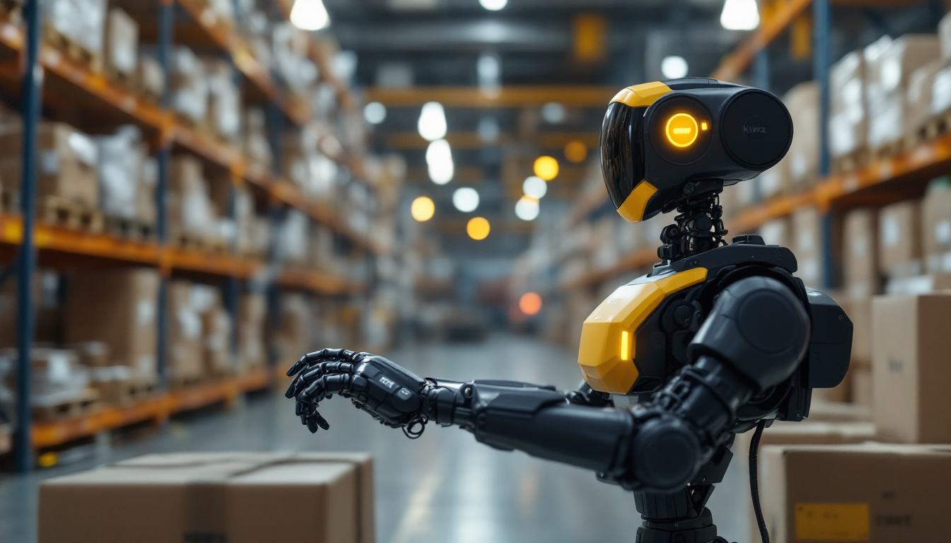 A photograph of a kiva robot in action within a bustling warehouse environment