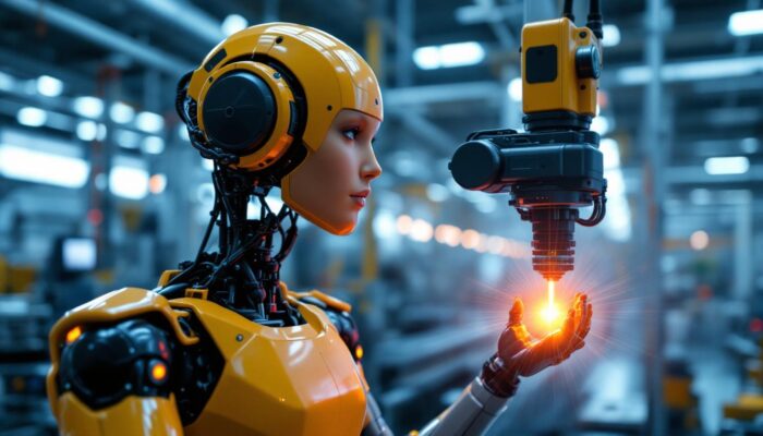 A photograph of a high-tech industrial robot equipped with a laser guidance system in action