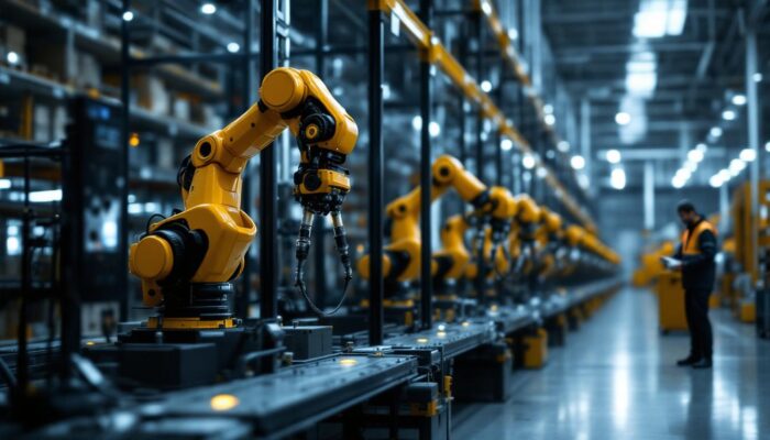 A photograph of a modern warehouse setting showcasing industrial robots in action