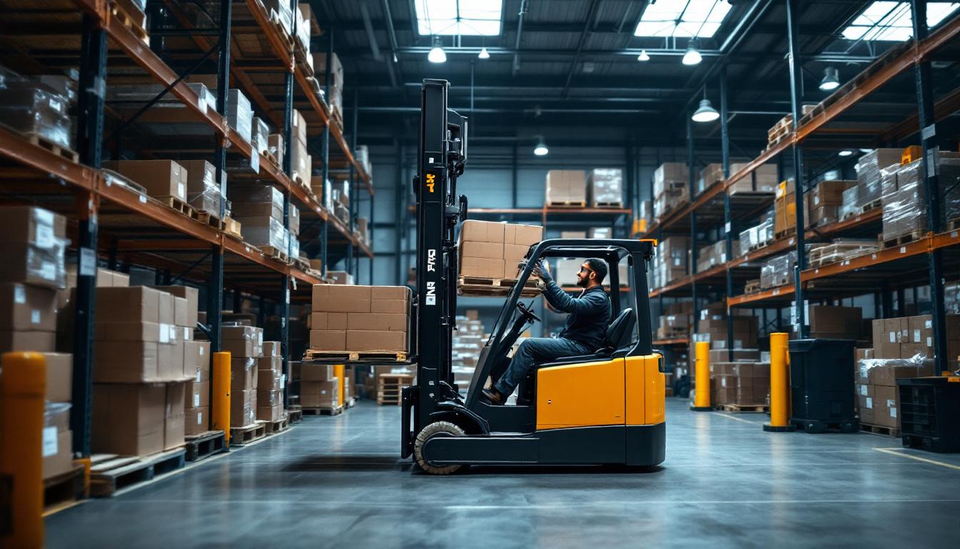 A photograph of a reach truck in action within a warehouse setting