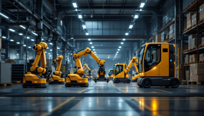 A photograph of a dynamic industrial setting showcasing both automated mobile robots (amrs) and automated guided vehicles (agvs) in action