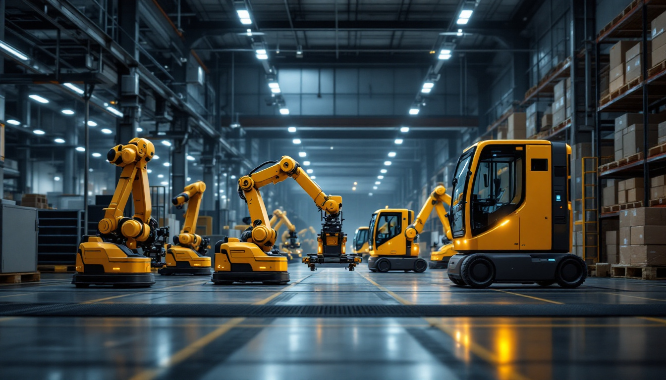 A photograph of a dynamic industrial setting showcasing both automated mobile robots (amrs) and automated guided vehicles (agvs) in action