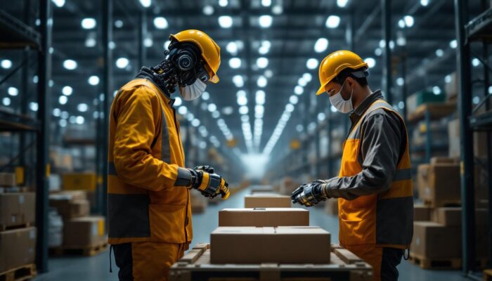 A photograph of a modern warehouse environment showcasing an industrial robot efficiently working alongside human workers