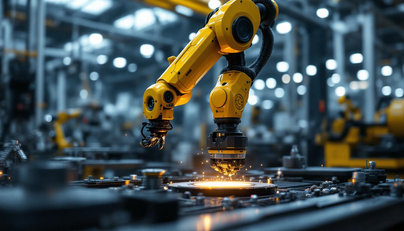 A photograph of a sleek industrial robotic arm in action within a modern manufacturing environment