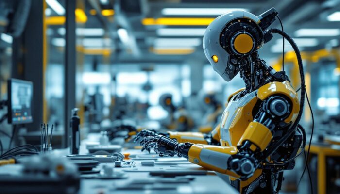 A photograph of a sleek industrial robot in a modern medical facility