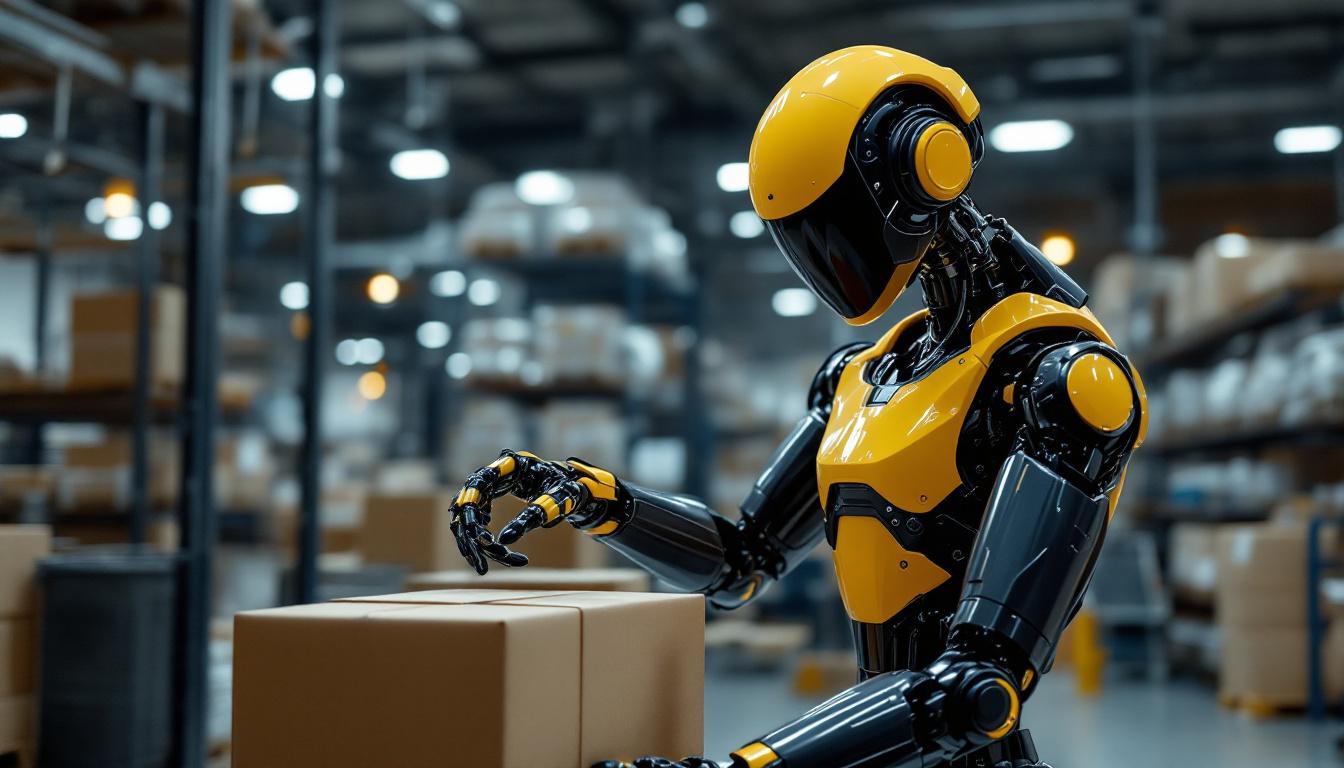 A photograph of a sleek industrial robot in action within a modern warehouse setting