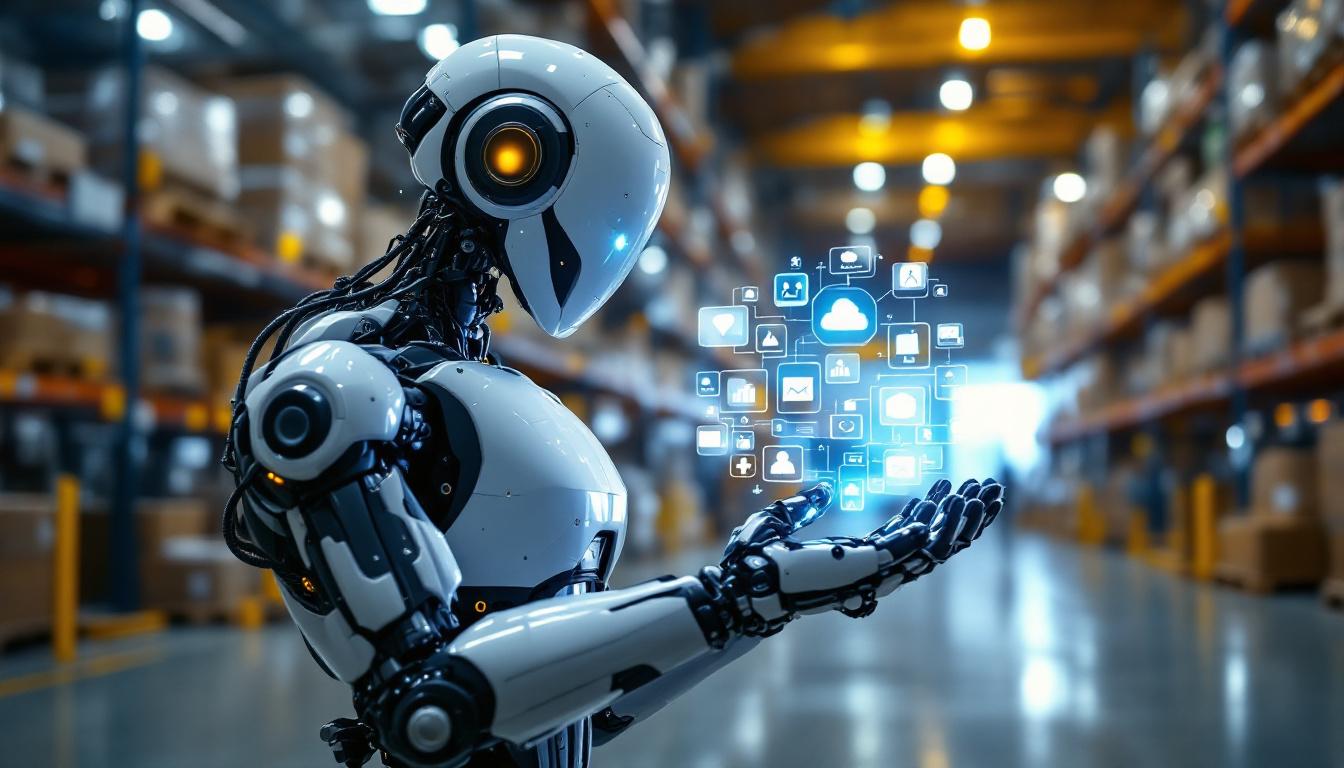 A photograph of a sleek industrial robot in action within a modern warehouse setting
