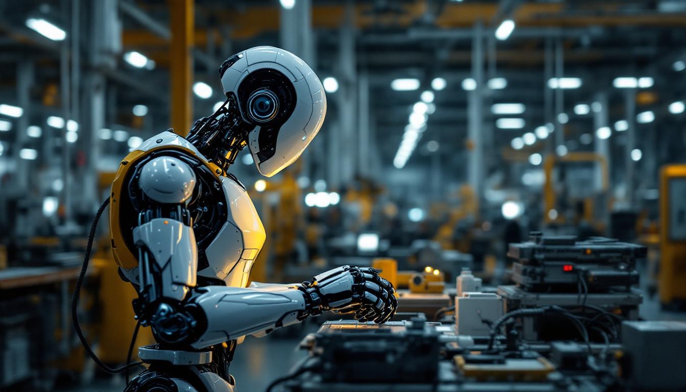 A photograph of a sleek industrial robot in action within a manufacturing setting