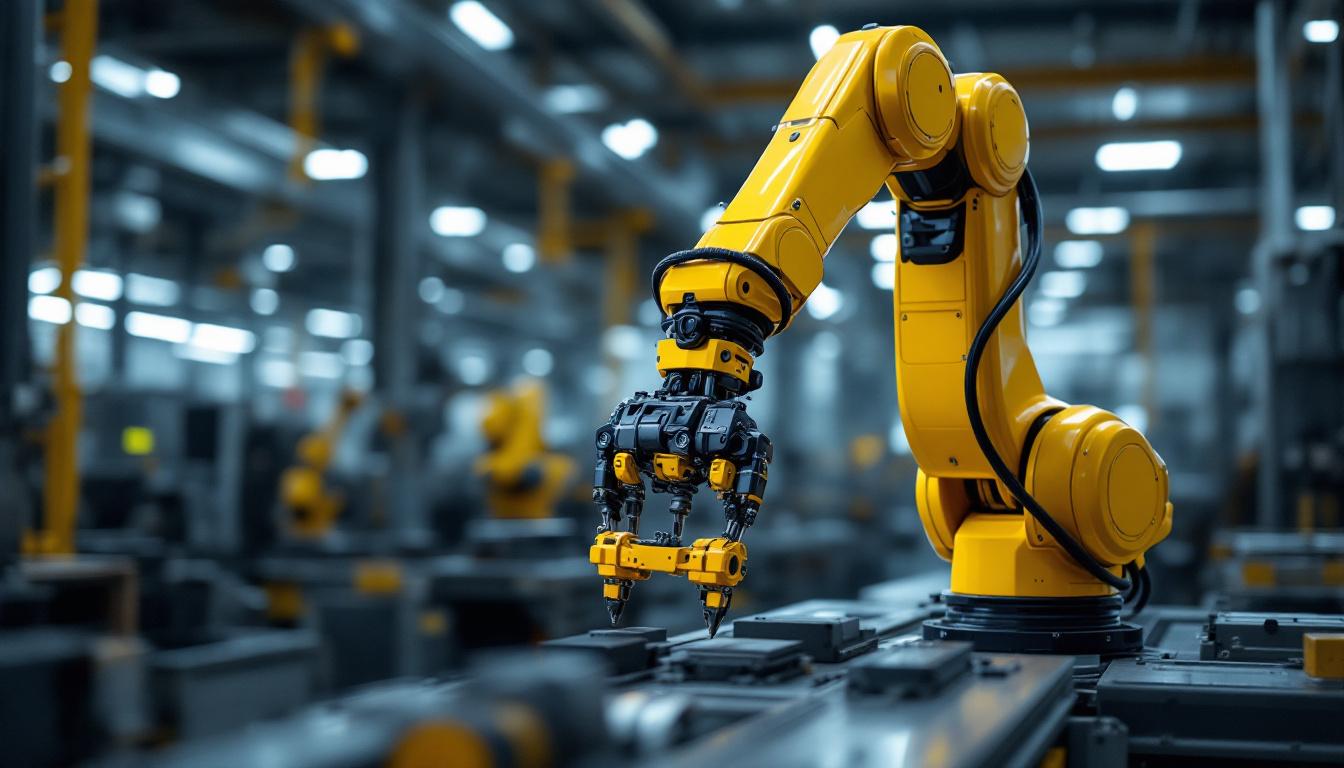 A photograph of a sleek industrial robotic arm in action within a modern manufacturing environment