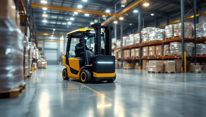 A photograph of a self-driving forklift in action within an industrial warehouse setting