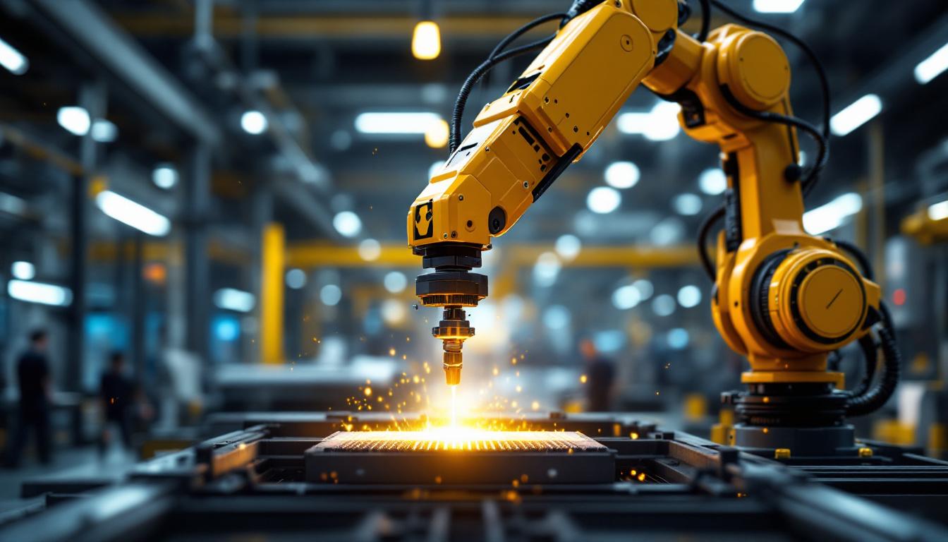 A photograph of a robotic arm equipped with a guiding laser in action