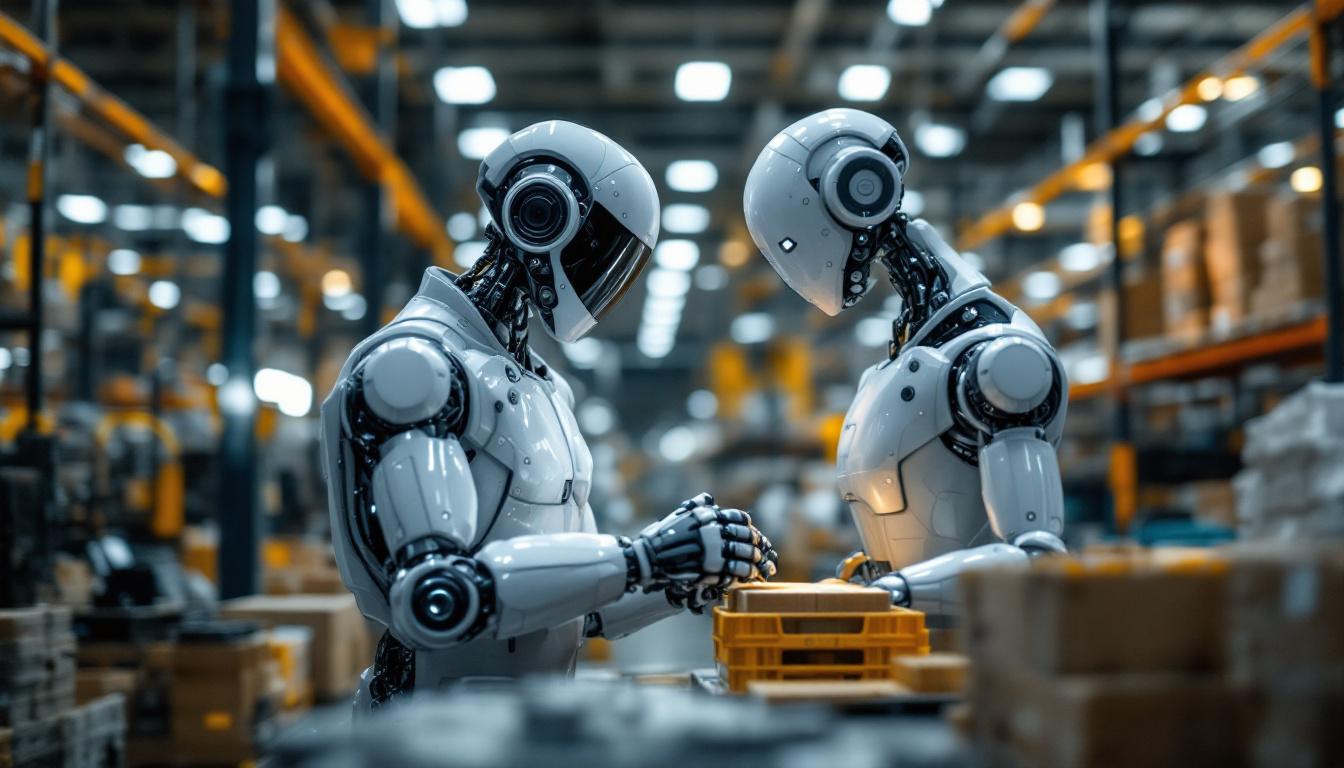 A photograph of a modern industrial robot in action within a warehouse or manufacturing setting