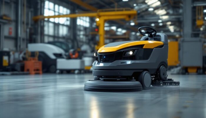 A photograph of a floor scrubber robot in action within an industrial setting