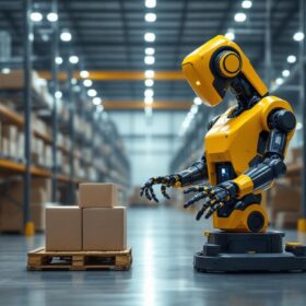 A photograph of a modern warehouse setting showcasing an industrial robot in action