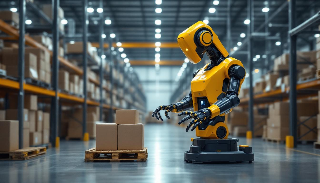 A photograph of a modern warehouse setting showcasing an industrial robot in action