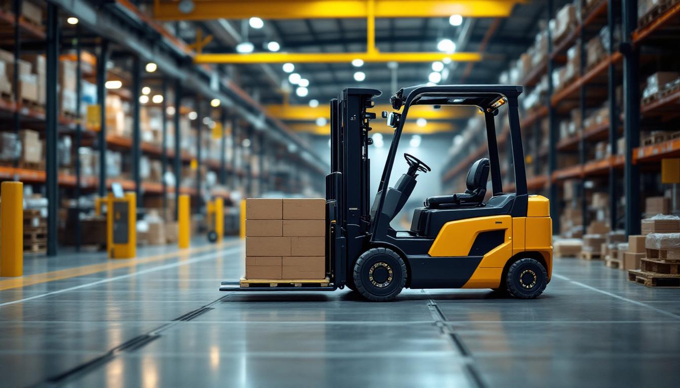 A photograph of a modern forklift in action within an industrial setting