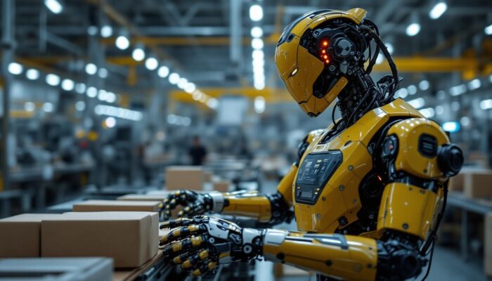 A photograph of a sleek industrial robot in action within a modern manufacturing facility