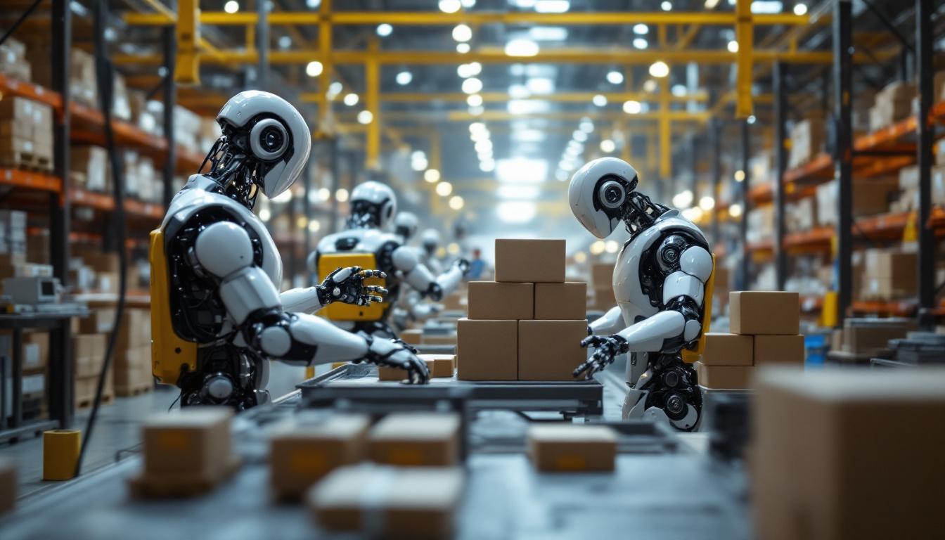 A photograph of a bustling warehouse environment featuring advanced industrial robots in action