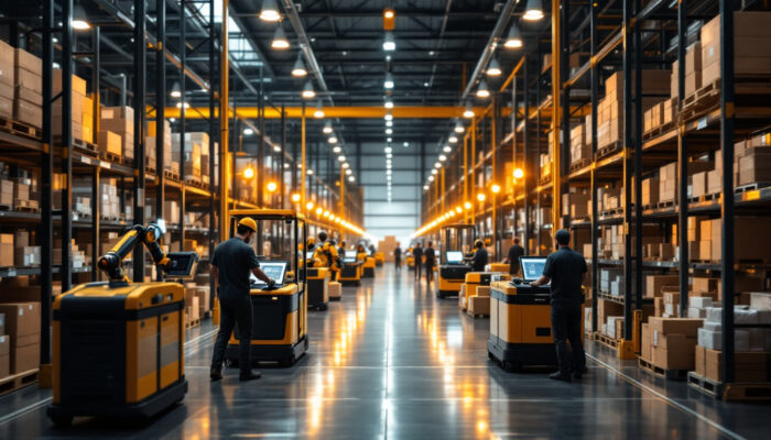 A photograph of a bustling warehouse environment showcasing various types of industrial robots in action