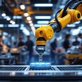 A photograph of a robotic arm in action on an industrial production line