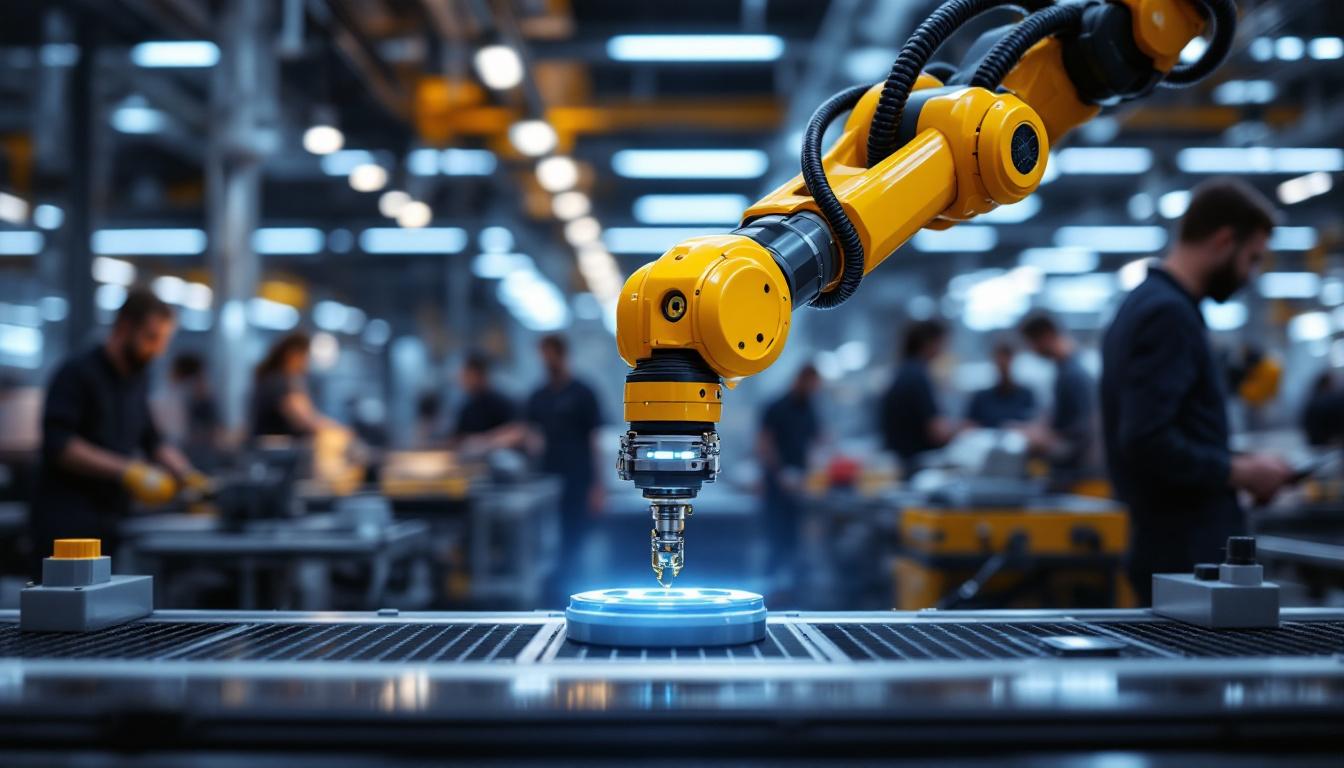 A photograph of a robotic arm in action on an industrial production line