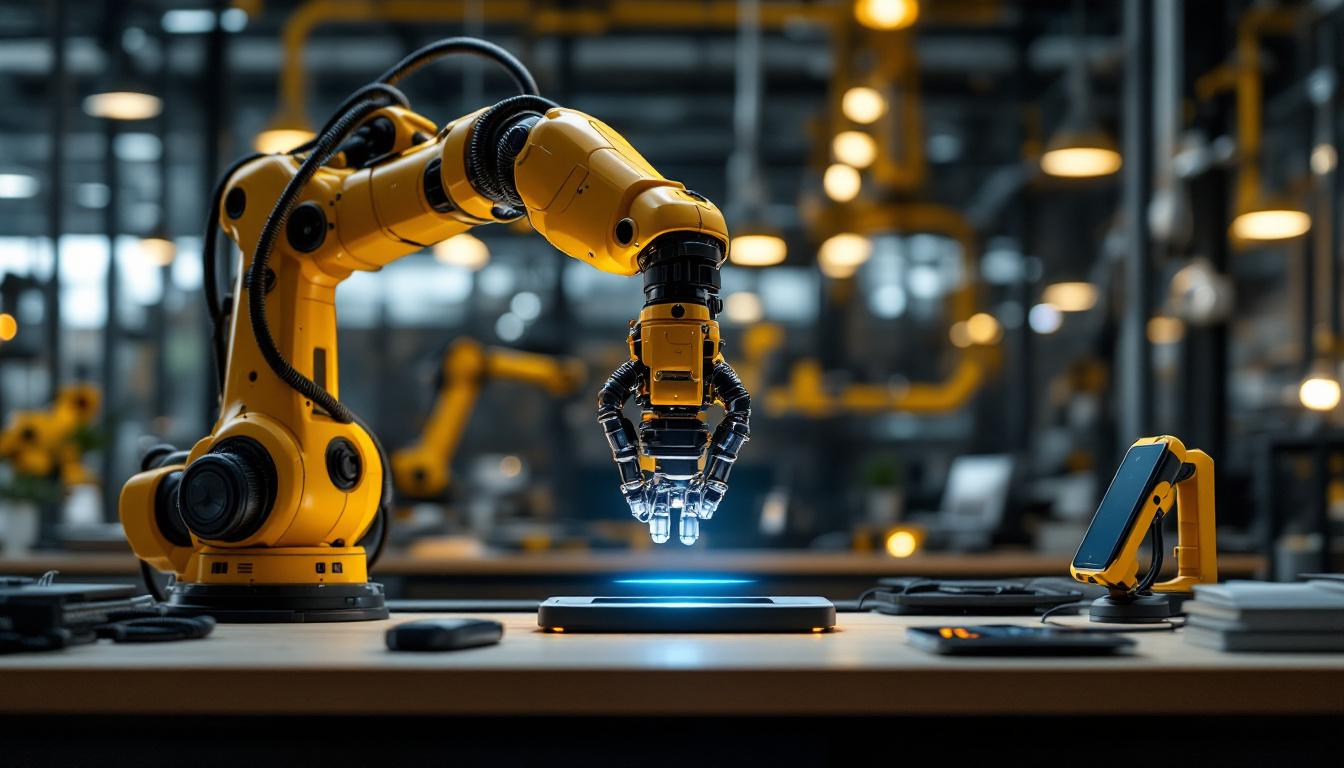 A photograph of a sleek industrial robotic arm effortlessly charging a modern device wirelessly