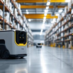 A photograph of a kiva robot in action within a modern warehouse setting