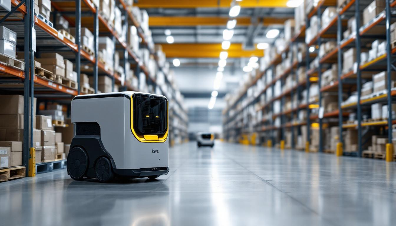 A photograph of a kiva robot in action within a modern warehouse setting