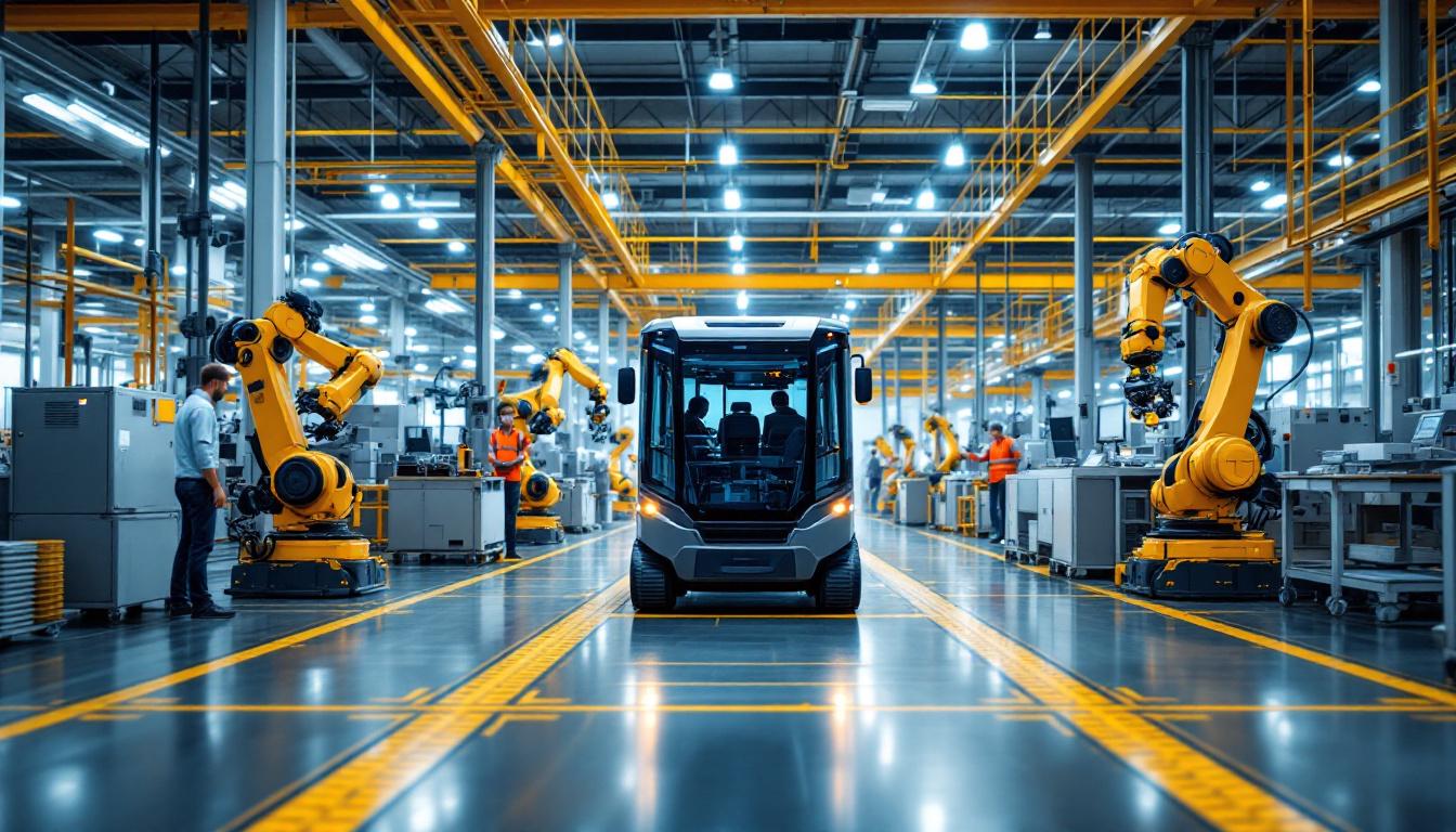 A photograph of a modern manufacturing facility showcasing an automated guided vehicle (agv) in action