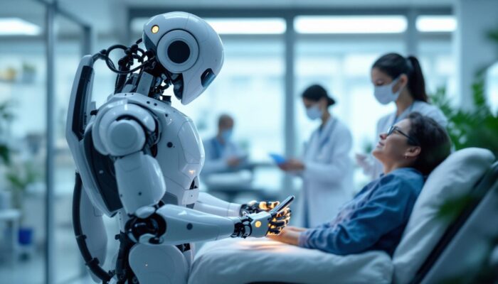 A photograph of a sophisticated medical robot in action within a clinical setting