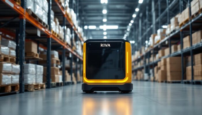 A photograph of a kiva robot in action within a modern warehouse setting